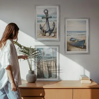Bilderset mit Rahmen, 3-teilig mit maritimen Motiven wie Anker, Boot, Ruder und Strand