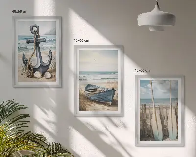 Bilderset mit Rahmen, 3-teilig mit maritimen Motiven wie Anker, Boot, Ruder und Strand