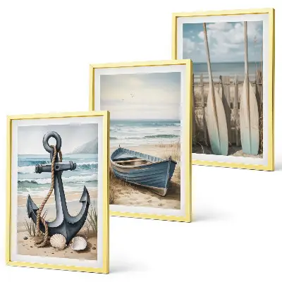 Bilderset mit Rahmen, 3-teilig mit maritimen Motiven wie Anker, Boot, Ruder und Strand