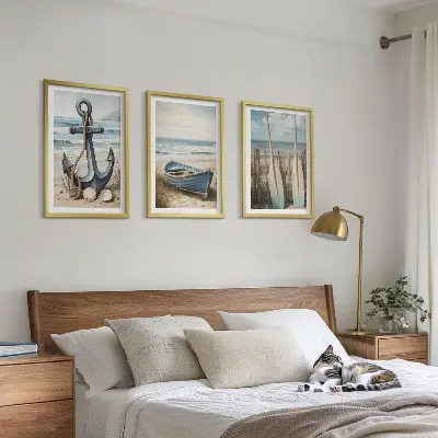 Bilderset mit Rahmen, 3-teilig mit maritimen Motiven wie Anker, Boot, Ruder und Strand