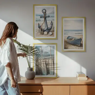 Bilderset mit Rahmen, 3-teilig mit maritimen Motiven wie Anker, Boot, Ruder und Strand