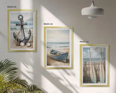 Bilderset mit Rahmen, 3-teilig mit maritimen Motiven wie Anker, Boot, Ruder und Strand