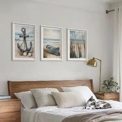 Bilderset mit Rahmen, 3-teilig mit maritimen Motiven wie Anker, Boot, Ruder und Strand