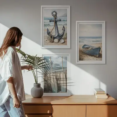 Bilderset mit Rahmen, 3-teilig mit maritimen Motiven wie Anker, Boot, Ruder und Strand