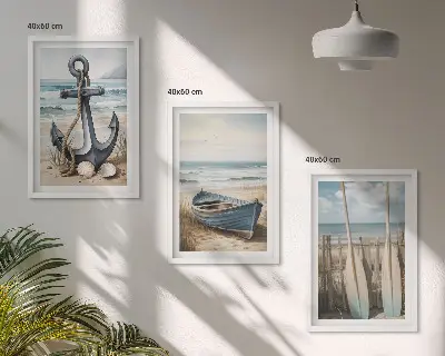 Bilderset mit Rahmen, 3-teilig mit maritimen Motiven wie Anker, Boot, Ruder und Strand
