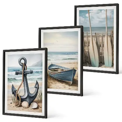 Bilderset mit Rahmen, 3-teilig mit maritimen Motiven wie Anker, Boot, Ruder und Strand