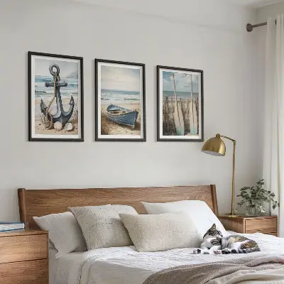 Bilderset mit Rahmen, 3-teilig mit maritimen Motiven wie Anker, Boot, Ruder und Strand