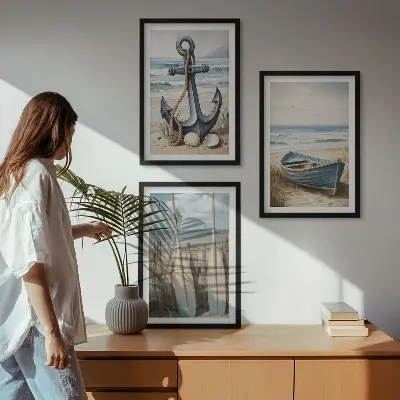 Bilderset mit Rahmen, 3-teilig mit maritimen Motiven wie Anker, Boot, Ruder und Strand