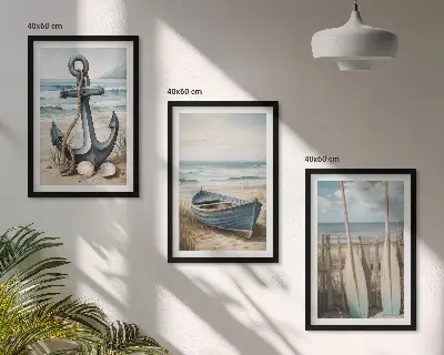 Bilderset mit Rahmen, 3-teilig mit maritimen Motiven wie Anker, Boot, Ruder und Strand