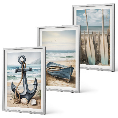 Bilder-3er-set mit rahmen Anker, Boot, Ruder, Strand