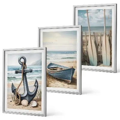 Bilderset mit Rahmen, 3-teilig mit maritimen Motiven wie Anker, Boot, Ruder und Strand