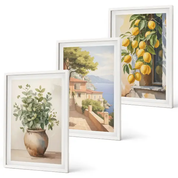 3er-Set Wandbilder mit Rahmen Motiv Blumen in einer Vase begleitet von einem Meer aus Zitronen