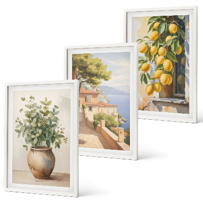 Bilder-3er-set mit rahmen Blumen in einer Vase, ein Meer aus Zitronen