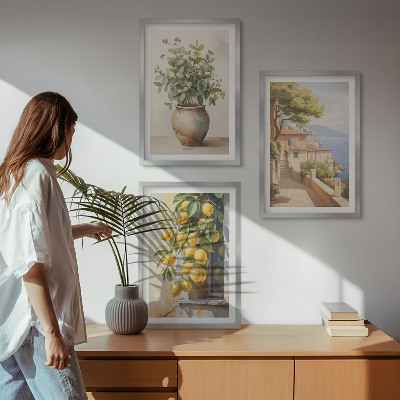 Bilder-3er-set mit rahmen Blumen in einer Vase, ein Meer aus Zitronen