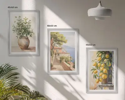 3er-Set Wandbilder mit Rahmen Motiv Blumen in einer Vase begleitet von einem Meer aus Zitronen