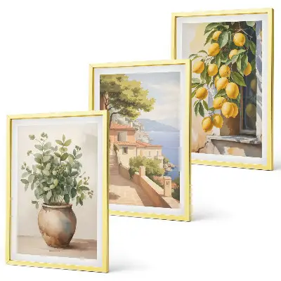 3er-Set Wandbilder mit Rahmen Motiv Blumen in einer Vase begleitet von einem Meer aus Zitronen