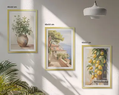 3er-Set Wandbilder mit Rahmen Motiv Blumen in einer Vase begleitet von einem Meer aus Zitronen