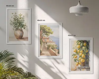 3er-Set Wandbilder mit Rahmen Motiv Blumen in einer Vase begleitet von einem Meer aus Zitronen