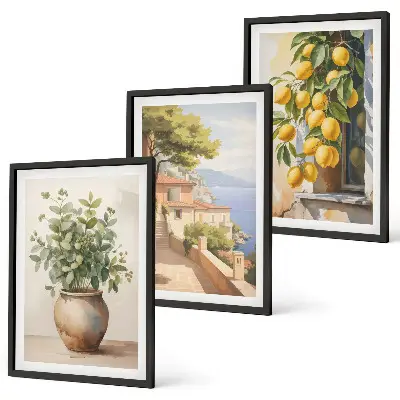 3er-Set Wandbilder mit Rahmen Motiv Blumen in einer Vase begleitet von einem Meer aus Zitronen