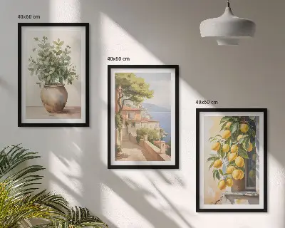 3er-Set Wandbilder mit Rahmen Motiv Blumen in einer Vase begleitet von einem Meer aus Zitronen