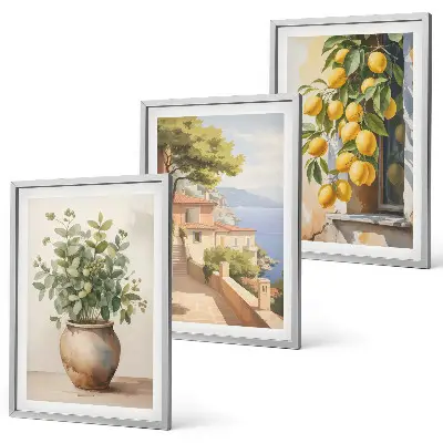 3er-Set Wandbilder mit Rahmen Motiv Blumen in einer Vase begleitet von einem Meer aus Zitronen