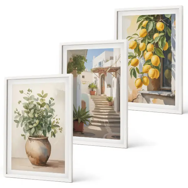 Zitronenblumen im Topf mit Straßenmotiv 3er-Set Bilder mit Rahmen