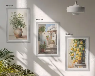 Zitronenblumen im Topf mit Straßenmotiv 3er-Set Bilder mit Rahmen