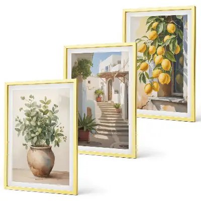 Zitronenblumen im Topf mit Straßenmotiv 3er-Set Bilder mit Rahmen
