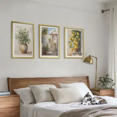 Zitronenblumen im Topf mit Straßenmotiv 3er-Set Bilder mit Rahmen