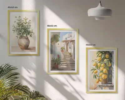 Zitronenblumen im Topf mit Straßenmotiv 3er-Set Bilder mit Rahmen