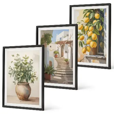 Zitronenblumen im Topf mit Straßenmotiv 3er-Set Bilder mit Rahmen