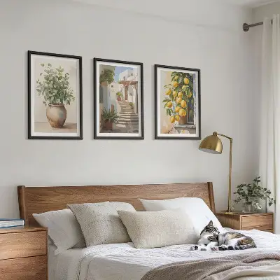 Zitronenblumen im Topf mit Straßenmotiv 3er-Set Bilder mit Rahmen