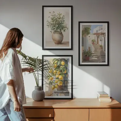 Zitronenblumen im Topf mit Straßenmotiv 3er-Set Bilder mit Rahmen