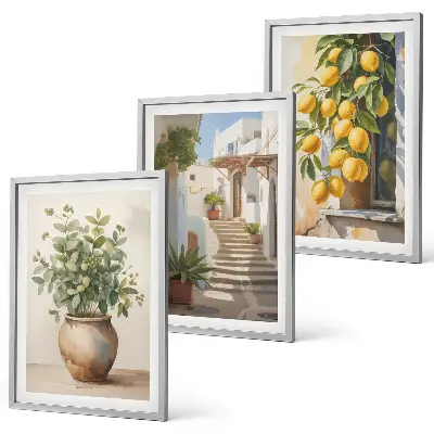 Zitronenblumen im Topf mit Straßenmotiv 3er-Set Bilder mit Rahmen