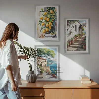 Gerahmtes Bilderset mit Zitronen, Blumen und Meerblick