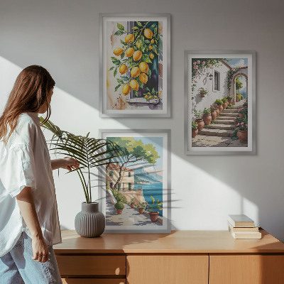 Gerahmtes bilderset Zitronen, Blumen, Meerblick