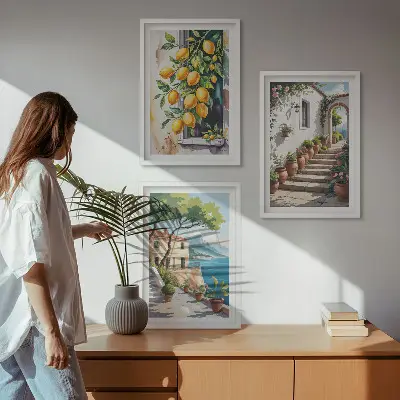 Gerahmtes Bilderset mit Zitronen, Blumen und Meerblick