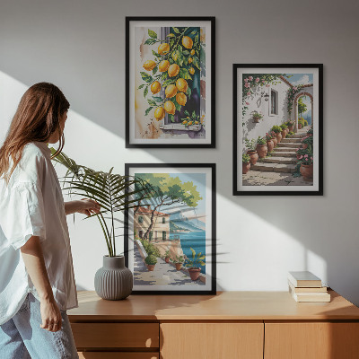 Gerahmtes bilderset Zitronen, Blumen, Meerblick