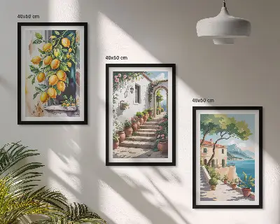 Gerahmtes Bilderset mit Zitronen, Blumen und Meerblick