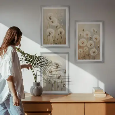 Wandbilder-Set mit Rahmen weiße Löwenzahnblüten auf hellem Hintergrund 3-teilig