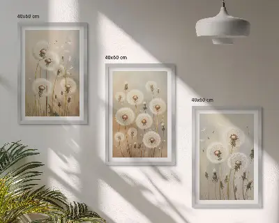 Wandbilder-Set mit Rahmen weiße Löwenzahnblüten auf hellem Hintergrund 3-teilig