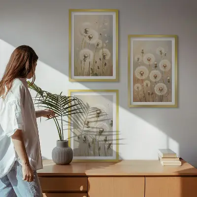 Wandbilder-Set mit Rahmen weiße Löwenzahnblüten auf hellem Hintergrund 3-teilig
