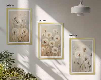 Wandbilder-Set mit Rahmen weiße Löwenzahnblüten auf hellem Hintergrund 3-teilig