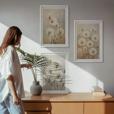 Wandbilder-Set mit Rahmen weiße Löwenzahnblüten auf hellem Hintergrund 3-teilig