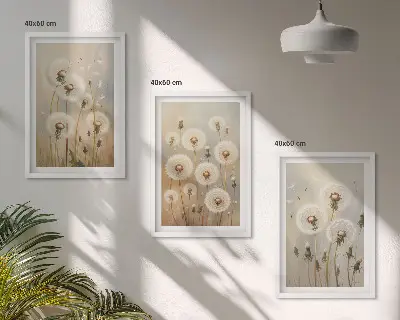 Wandbilder-Set mit Rahmen weiße Löwenzahnblüten auf hellem Hintergrund 3-teilig