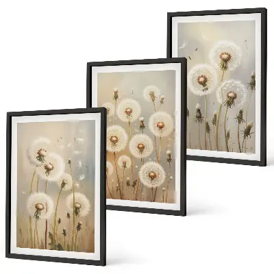Wandbilder-Set mit Rahmen weiße Löwenzahnblüten auf hellem Hintergrund 3-teilig