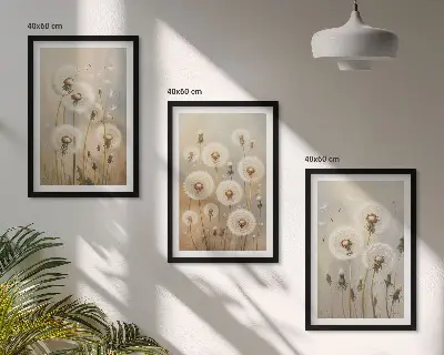 Wandbilder-Set mit Rahmen weiße Löwenzahnblüten auf hellem Hintergrund 3-teilig