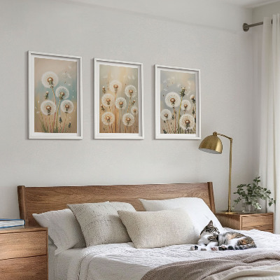 Gerahmtes bilderset Pastellfarbene Löwenzahnblüten