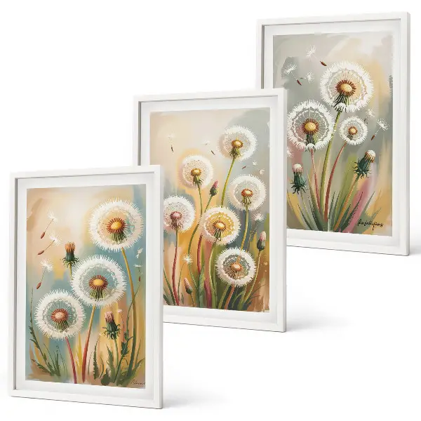 Löwenzahnbild-Set mit Rahmen drei Bilder mit Löwenzahnblüten und pastellfarbenen Gräsern