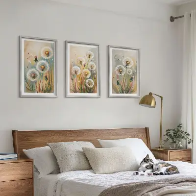 Löwenzahnbild-Set mit Rahmen drei Bilder mit Löwenzahnblüten und pastellfarbenen Gräsern